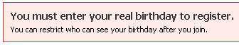 Facebook error message requesting to enter our real birth date